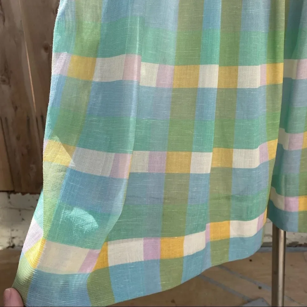 Vintage 70’s Pastel Blue green Yellow White Plaid Pleated Midi Skirt
